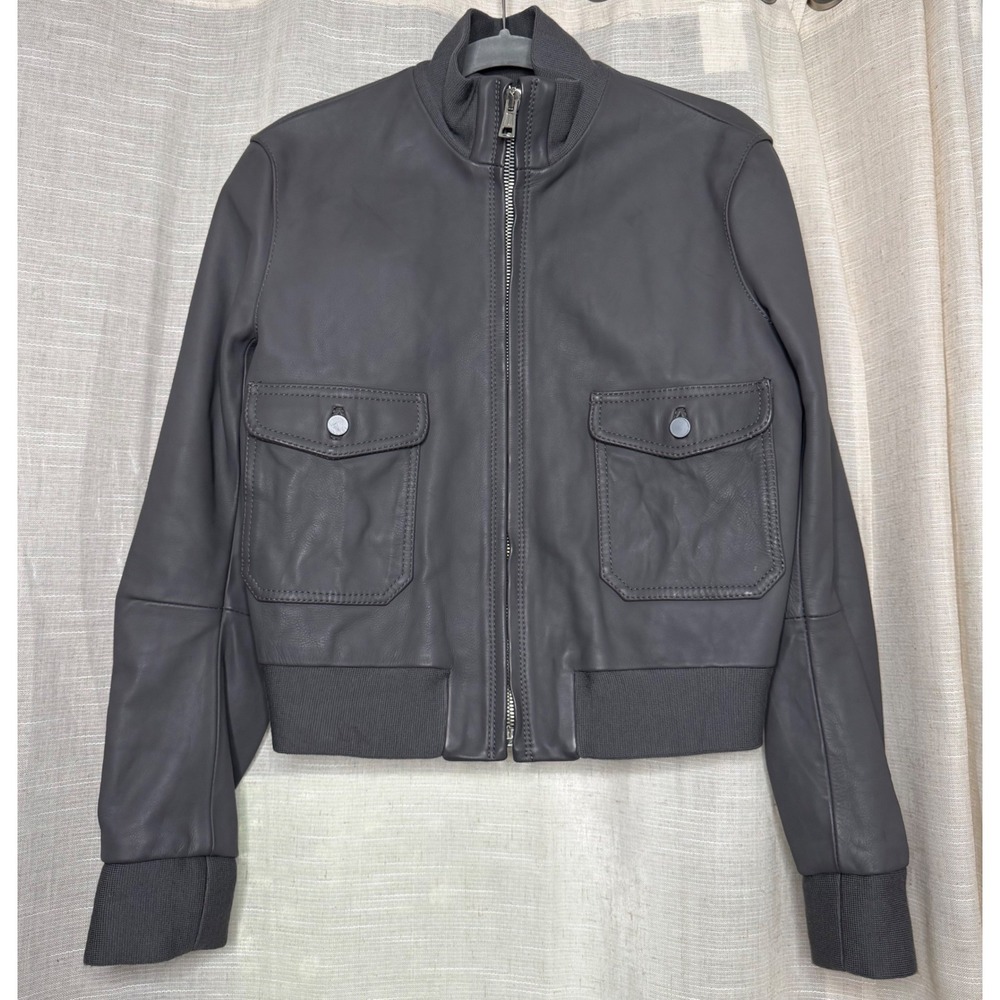 Balenciaga Leather Bomber Jacket Cropped Ribbed Grey Italy Men's Size‎ 42 US XS